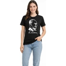 Moda Loris Atatürk Baskılı Tişört Kısa Kollu Bisiklet Yaka T-Shirt - Siyah