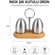 Dies Inox Paslanmaz Çelik Tuzluk Biberlik Seti Ahşap Standlı Şık Tasarım Masaüstü Baharatlık Takımı 15*7cm