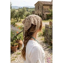 Cinderella Yazlık Bohem Dairesel Çiçek Motifli Örgü Saç Bandanası Bej - Crochet Delikli File Örme Üçgen Bandana