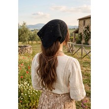 Cinderella Siyah Vintage Dairesel Çiçek Motifli Örme Üçgen Bandana - Yazlık El Örgüsü Crochet Saç Bandanası