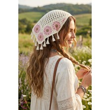 Cinderella Retro Bohem Tarz Gül Kurusu Papatya Püsküllü Crochet Bandana - El Örgüsü Örme Üçgen Saç Bandanası