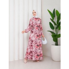 Esra Butik %100 Pamuk Mango Kumaş Çiçek Desenli Boydan Düğmeli Tesettür Elbise