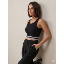 Sibel Günay Butik Kadın Pamuklu Siyah Crop - Lucky Yazı Altı Lastikli