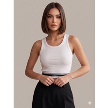 Sibel Günay Butik Kadın Pamuklu Beyaz Crop - Lucky Yazı Altı Lastikli