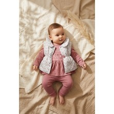 Babydonat Mia Kız Bebek Pembe Çiçekli Şişme Yelekli Üçlü Kombin Takım - Pamuklu Tavşan Baskılı Tunik ve Fitilli Tayt Seti