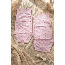 Babydonat Kız Bebek Pembe Ayıcık ve Yıldız Desenli 2'li Kolsuz %100 Pamuklu Zıbın Body Takımı