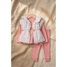 Babydonat Mia Kız Bebek Pembe Çiçekli Şişme Yelekli Üçlü Kombin Takım - Pamuklu Tavşan Baskılı Tunik ve Fitilli Tayt Seti