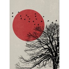 Arterior Wallpaper Ağaç Kuşlar Kırmızı Güneş Poster