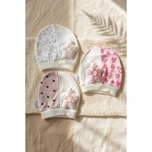 Babydonat 3'lü % 100 Pamuklu Çiçek Aplikeli Kız Bebek Bere Şapka Seti- Kalp ve Çizgi Desenli Penye Bebek Şapkası 0-3 Ay