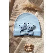 Babydonat Teddy Charm Nakışlı ve Papyon Detaylı %100 Pamuklu Yumuşak Bebek Beresi - Mavi Melanj Şık Bebek Aksesuarı