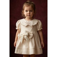 Babydonat Kız Çocuk Krem Vintage Çiçek Nakışlı Elbise ve Şeker Figürlü Çanta Seti - Bohem Stil Çocuk Elbisesi