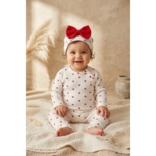 Babydonat Amore Kalp %100 Pamuklu Ribana Kumaş Kalp Desenli 3'lü Bebek Takımı - Zıbın, Pantolon ve Fiyonklu Bere Seti