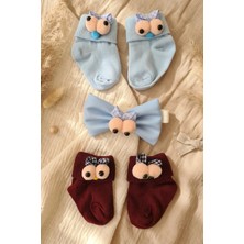 Babydonat Merry Bells 3'lü Hediye Bebek Seti - Bordo ve Mavi Fiyonklu Çorap & Fiyonk Kombini - Yenidoğan ve Bebek Hediye Seti