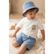 Babydonat Erkek Çocuk Beyaz Diplodocus Baskılı T-Shirt, Mavi Keten Görünümlü Şort ve Bucket Şapka 3'lü Yazlık Kombin Takım