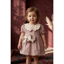 Babydonat Kız Çocuk Pudra Vintage Çiçek Nakışlı Elbise ve Şeker Figürlü Çanta Seti - Bohem Stil Çocuk Elbisesi