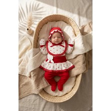 Babydonat Kırmızı Kalp Desenli Fiyonk Detaylı 5'li Bebek Hastane Çıkışı ve Takımı - %100 Pamuklu Dantelli Bebek Seti