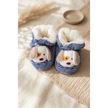 Babydonat Unisex Bebek Lacivert Çizgili Köpek Figürlü Peluş Iç Astarlı Yumuşak Ev Ayakkabısı ve Panduf Patil