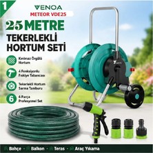 Venoa Meteor VDE25 Kırılmaz Örgülü Tekerlek Makaralı Bahçe Su Hortumu 25 mt 6 Parça