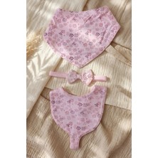 Babydonat Flora Rose Pembe Çiçek Desenli 3'lü Bebek Seti - Muslin Dokulu Bandana Önlük, Mama Önlüğü ve Fiyonk Saç Bandı