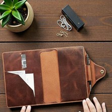 Yapımı A5 Deri Defter Ajanda Kitap Kılıfı Organizer, Kahverengi Deri, Kalem Bölmeli, 170X224X2