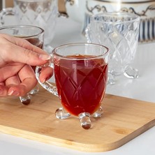 15720 Ayaklı Kulplu Desenli 4'lü Cam Bardak - Kulplu Çay Kahve Bardağı - 200 cc