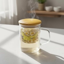 Bambu Kapaklı Cam Süzgeçli Kupa 350 ml | Bitki Çayı, Demleme Çay ve Kahve Kupası | Borosilika