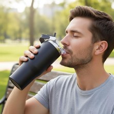 900 ml Siyah Pipetli Termos Kupa - Dev Kapasite Paslanmaz Çelik Seyahat Bardağı - Soğuk ve Sıca