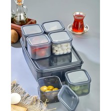 Kapaklı Kahvaltılık Seti, Antrasit, Çizgili Vakumlu Bölmeli Tepsi, 1 Adet 40X23 cm Tepsi ve 6 A
