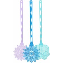 Plastik Sinek Raketi 3'lü Set, Mor, Mavi ve Turkuaz, Çiçek Desenli, Ergonomik Uzun Saplı, 45 cm