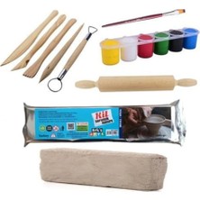 Kil Hamuru Set-4, Seramik Hamuru Başlangıç Seti, Ahşap Ebeşuar, Merdane, 1 kg Kil, Boya, Fırç