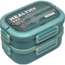 Bento 1650ML Lunchbox 2 Katlı 3 Bölmeli Paslanmaz Çelik Sefer Tası Yemek Kutusu (Yeşil)