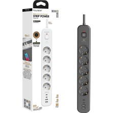 Korumalı Priz, 5'li Priz Soketi, 5x Fiş Soketi, 2x USB Girişi, 2x Type-C Girişi, Isıya Dayanık