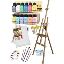 Boya Resim Seti Artdeco 12 Renk 75 ml Akrilik Boya Şövalye 2 Tuval 35X50 Fırça Spatula Şövale