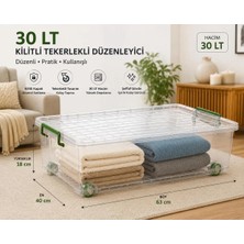 Loremp 3’lü Set 30 Lt Kilitli Tekerlekli Saklama Kutusu Şeffaf Yatak Altı Düzenleyici Kutu 63X40X18 cm