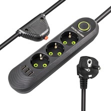 Akım Korumalı Grup Priz, 3’lü Priz,1.5 Metre Kablolu, 3 Usb’li 3000W, 16 Amper, Kablo Üstün