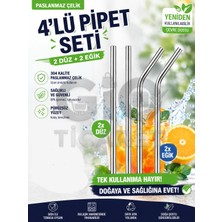 Gio Ticaret - 4'lü Paslanmaz Çelik Pipet Seti - 2 Düz 2 Eğik - (2 ADET PİPET TEMİZLEME FIRÇASI HEDİYELİ)