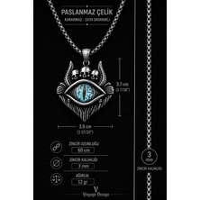 Voyage Accessory Mavi Ejderha Gözü Kolye Gotik Kafatası Detaylı Paslanmaz Çelik Kolye