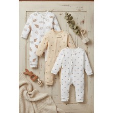 Mou&kou Unisex Bebek Tulum 3’lü Set 9-18 Ay Fermuarlı Pamuklu Ribana Ayıcık Yıldız Desenli