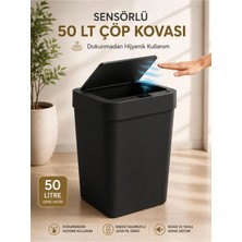 Loremp 50 Lt Sensörlü Akıllı Çöp Kovası Dokunmadan Açılan Otomatik Kapaklı Pilli Hijyenik Çöp Kutusu Siyah