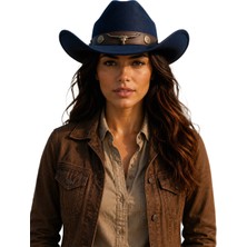 Kadın Lacivert Kovboy Şapkası Western Stil Geniş Kenarlı Premium Country Şapka