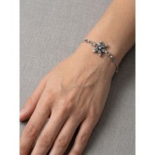 Aytekin Jewelry Siyaha Yakın Renk Taşlı Çiçek Bileklik 925 Ayar Gümüş