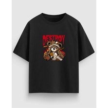 Yolo Street Oversize Unisex Siyah Tişört – Destroy Ayı Baskı, %100 Pamuk Streetwear Tasarım