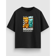 Yolo Street Oversize Unisex Siyah Tişört – Fake Smile Ayı Baskı, %100 Pamuk Streetwear Tasarım