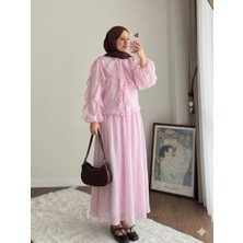 Miraydin Butik Kadın Önü Fırfırlı Modal Etekli Takım M2640 - Pembe