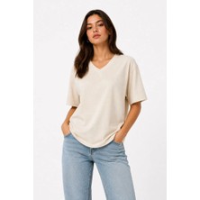 Zenvia Kadın V Yaka Basic Tişört Kısa Kol Yazlık Regular Fit T-Shirt - Bej