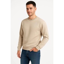 Zenvia Erkek 3 Iplik Pamuklu Düz Bisiklet Yaka Sweatshirt - Bej