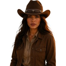 Kadın Kahverengi Kovboy Şapkası Western Stil Geniş Kenarlı Premium Country Şapka