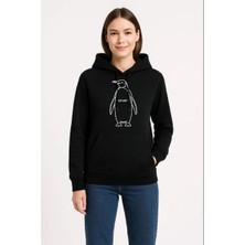Zenvia Kadın 3 Iplik Pamuklu Kapüşonlu Hoodie Sweatshirt Nihilist Penguen Baskılı - Siyah