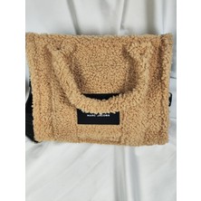 Totebag Yazılı Açık Bej-Krem Peluş Çapraz Askılı Geniş Hacimli