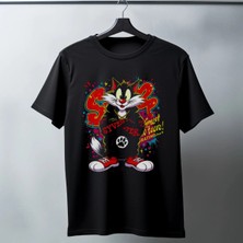 Zenvia Sylvester Graffiti Baskılı Unisex Siyah Oversize Tişört - 24/1 Penye